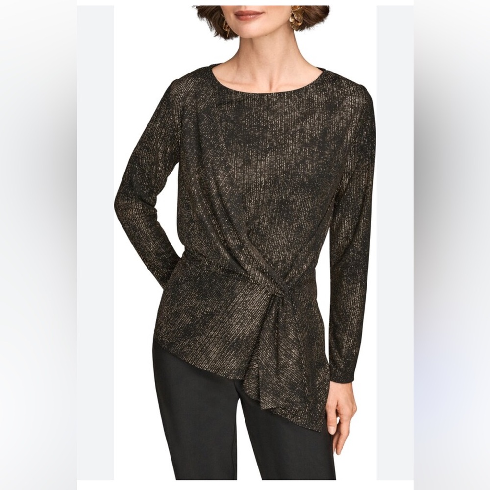 New Donna Karan Black and Gold Shimmer Blouse size XL